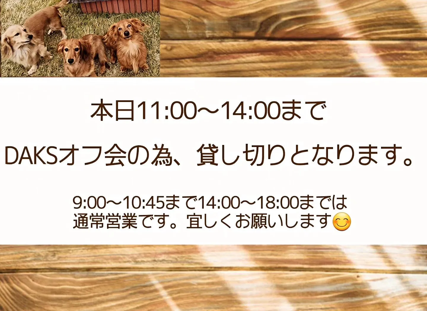 本日の室内ドッグラン、野外ドッグランの貸し切り時間です。