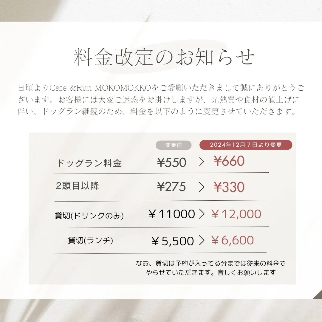 苦しい決断でしたが、存続の為に価格改定をさせていただきます。